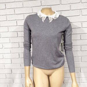 Vita Milano Grey Knit Sweater White Beaded Peter Pan‎ Collar Mediuml